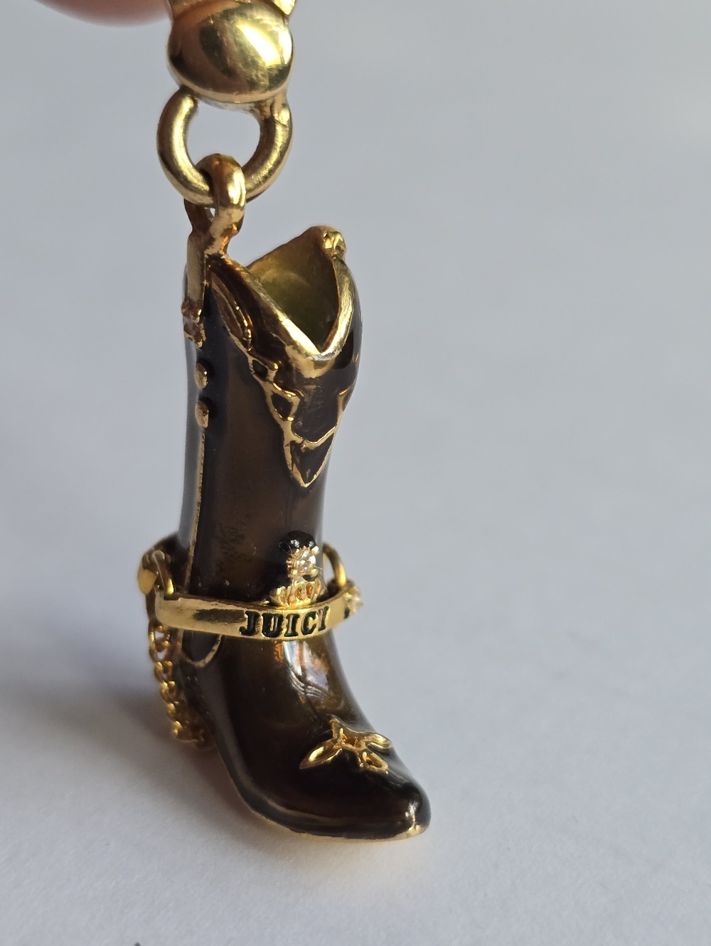 Juicy Couture Y2K Brown Enamel and Gold Tone Cowboy Boot Bracelet Charm